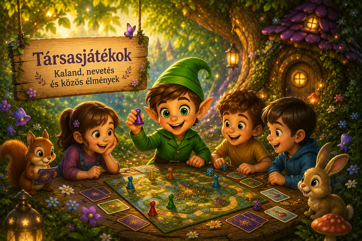 Mancsi és gyerekek társasjátékoznak egy erdei asztalnál